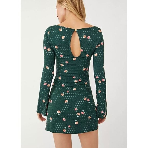Free People Floral Green Polka Dot Mini Dress With Ruched Front & Keyhole Back, - Picture 3 of 11